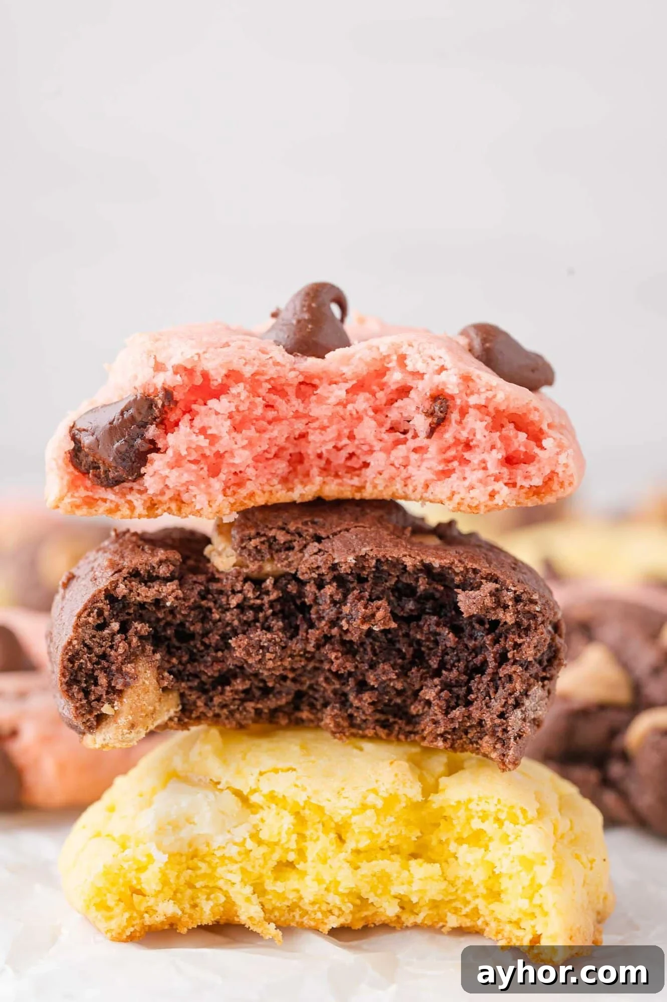 Three thick cookies—pink with chocolate chips, chocolate, and yellow—are stacked, each with a bite taken out of them.