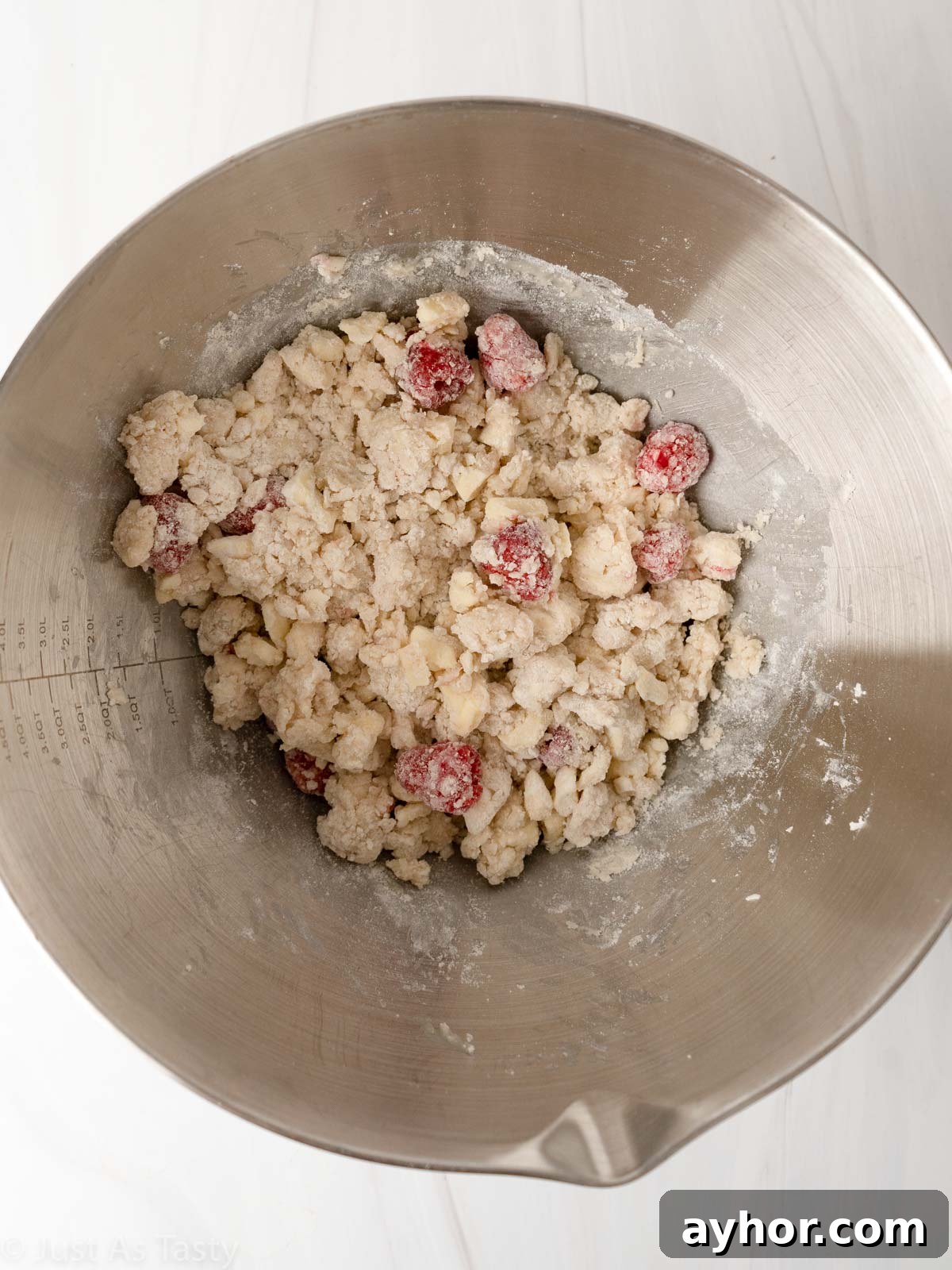 White Chocolate Raspberry Scones Recipe - Tender Morning Treat 8 Scone dough in a bowl.