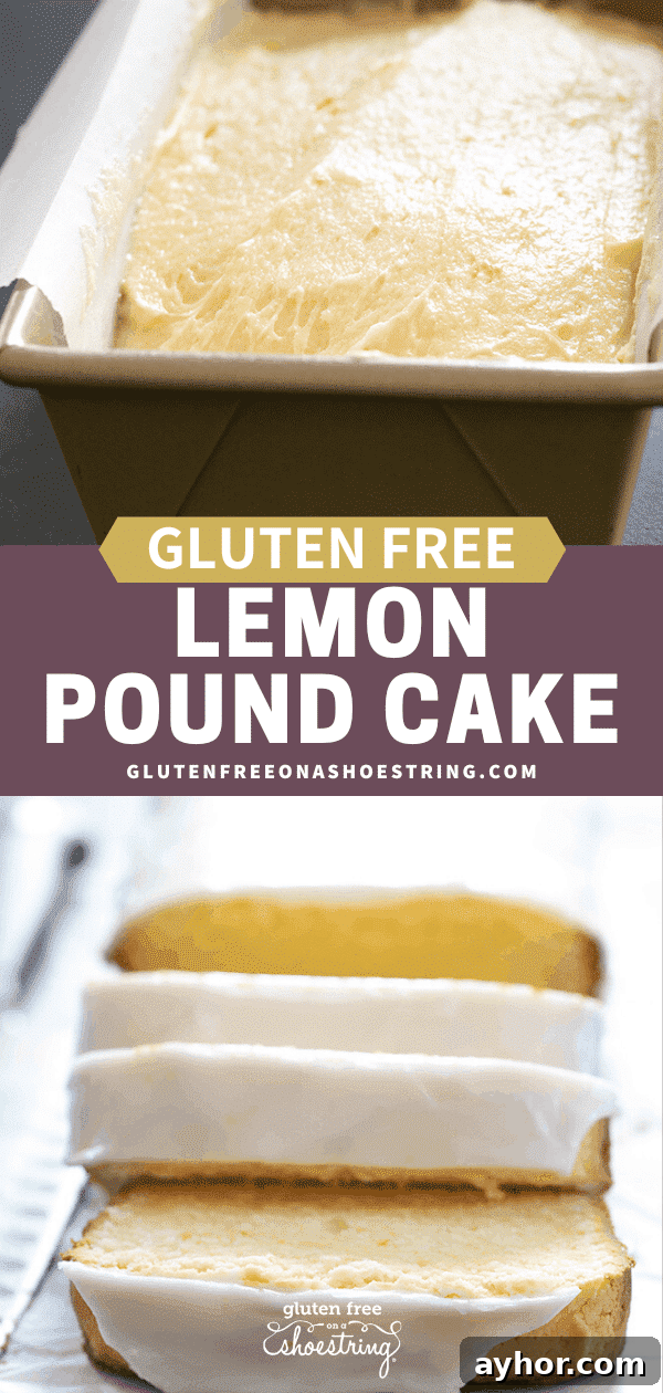 Glazed Gluten-Free Lemon Pound Cake Recipe 7 Two images of iced gluten free lemon pound cake, one raw and one finished and sliced.