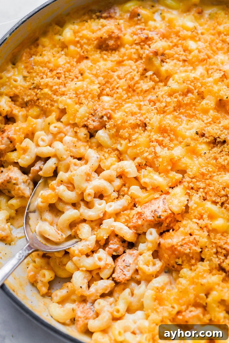 close up photo of the cajun mac n cheese in a killet