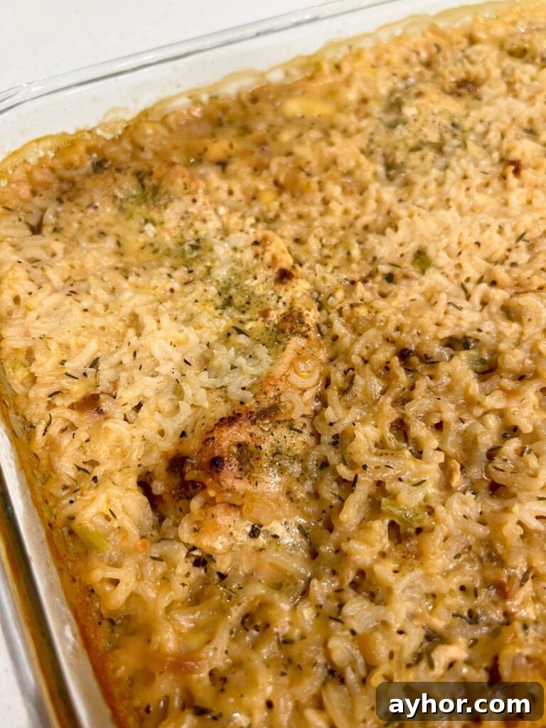 no peek chicken casserole in a baking dish