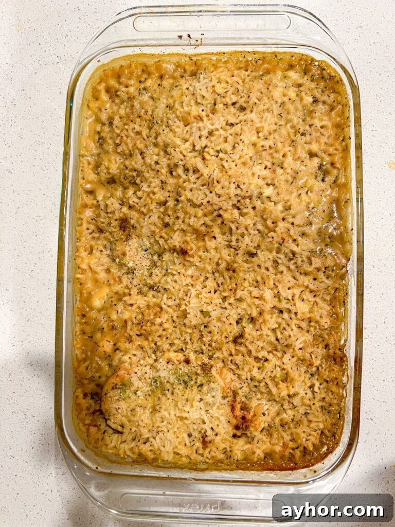 no peek chicken casserole in a pyrex dish