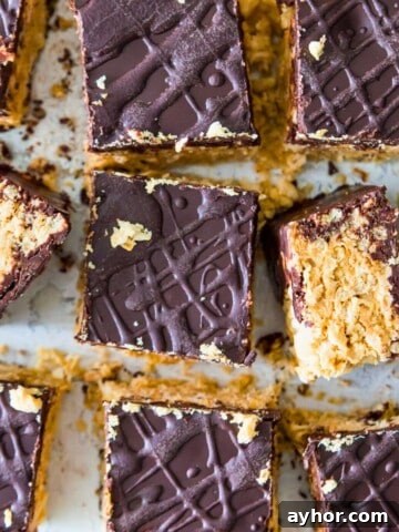 A batch of peanut butter and chocolate Rice Krispie Treats cut into squares.
