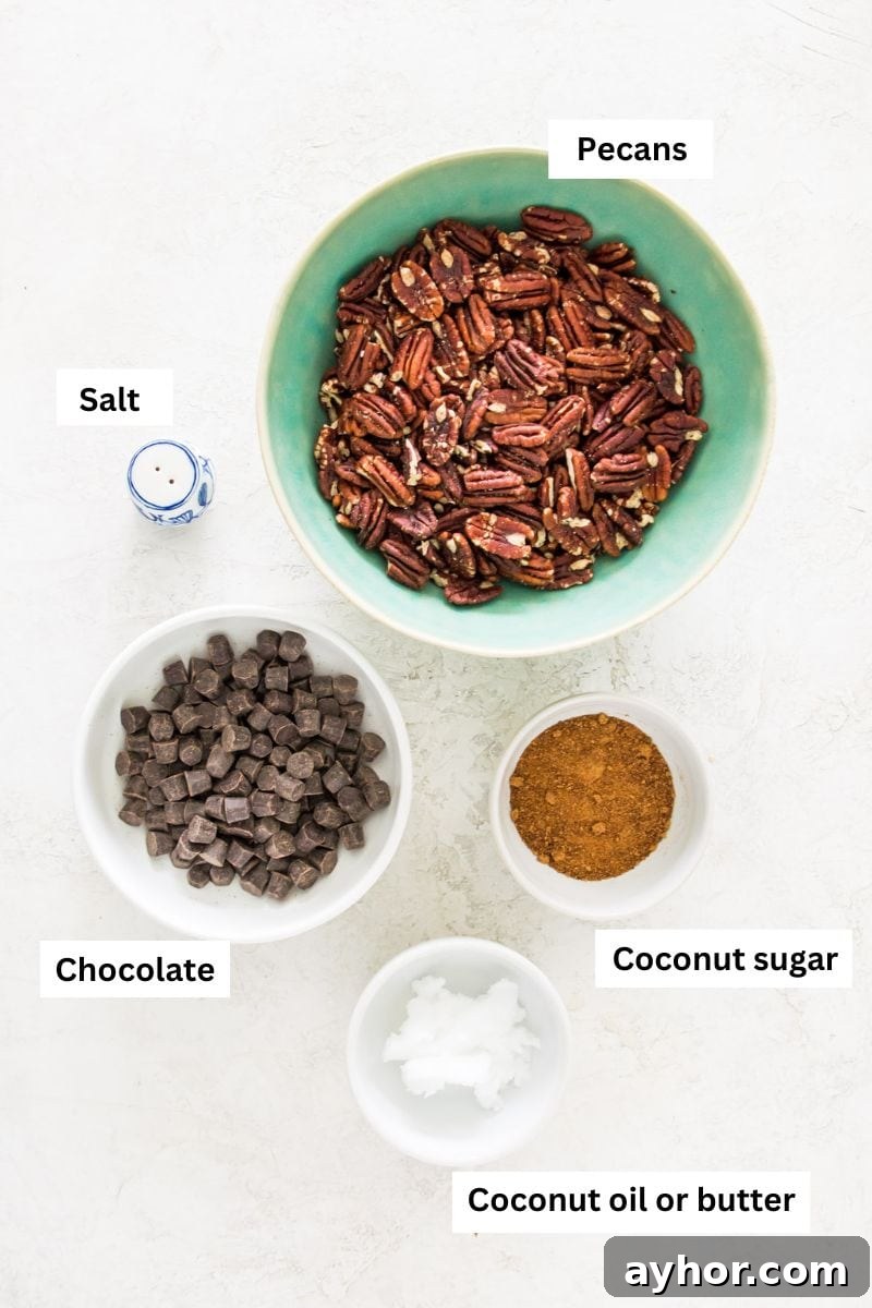Homemade Chocolate-Covered Pecans: Simple No-Bake Recipe 3 Bowls filled with different ingredients including pecans, salt, coconut sugar, chocolate chips and coconut oil.