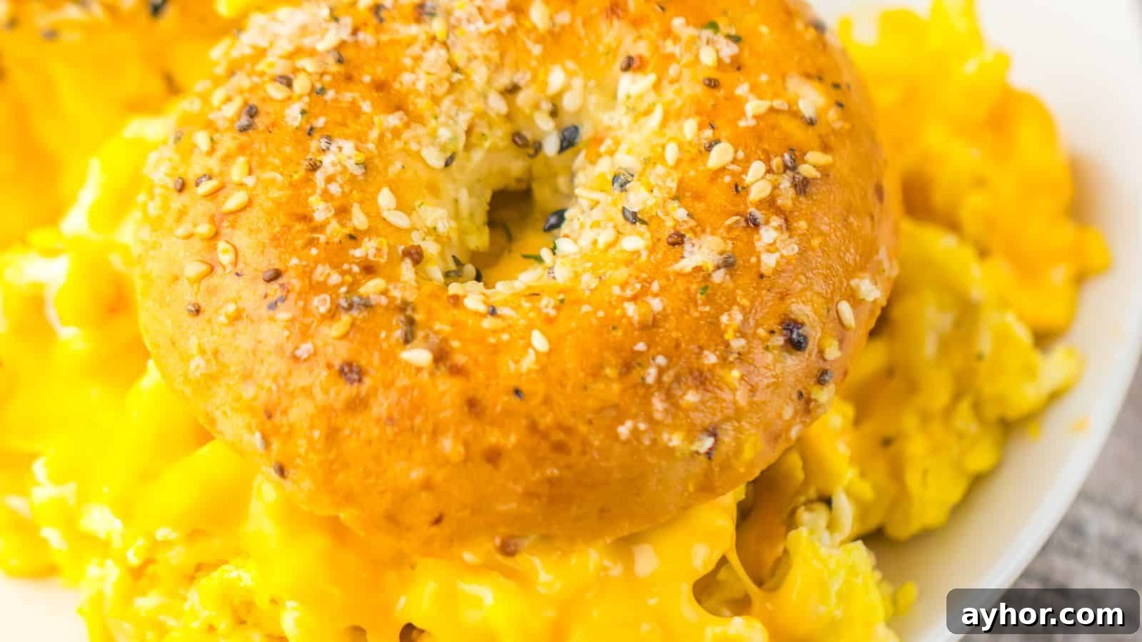 29 Breakfast Recipes to Make Your Mornings Feel Romantic 11 A sesame seed bagel sits on top of a serving of scrambled eggs with melted cheese on a white plate.