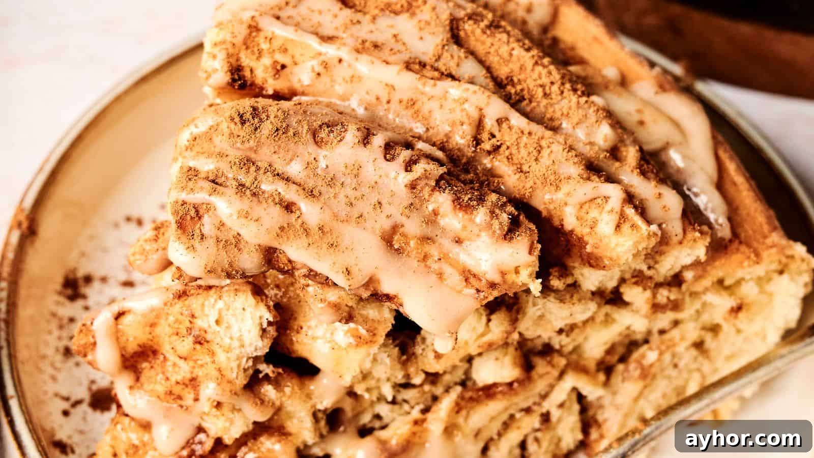 29 Breakfast Recipes to Make Your Mornings Feel Romantic 12 Close-up of a cinnamon roll cake slice topped with icing and sprinkled with cinnamon on a plate.