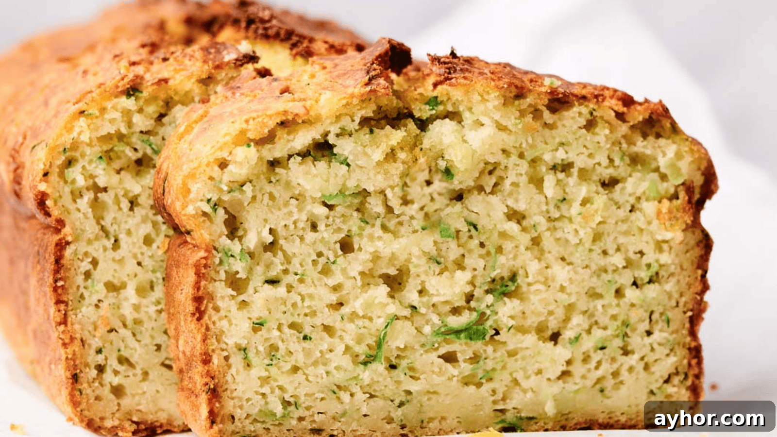 29 Breakfast Recipes to Make Your Mornings Feel Romantic 18 Sliced zucchini bread on a white surface, showing a moist interior with visible green flecks of zucchini.