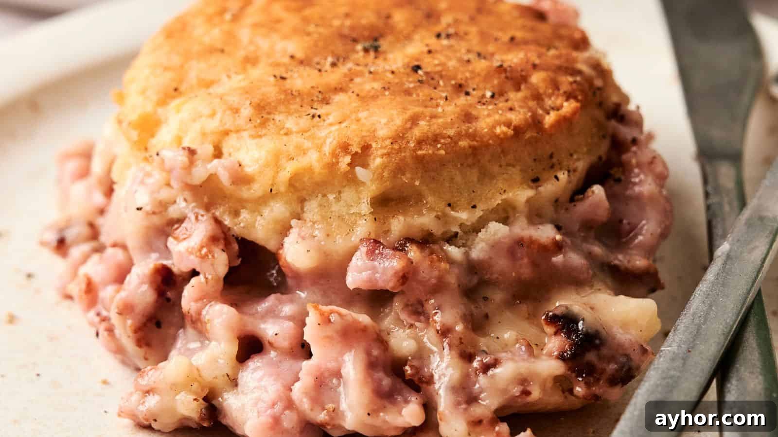 29 Breakfast Recipes to Make Your Mornings Feel Romantic 4 Close-up of a savory biscuit with a creamy ham filling, looking like a gourmet twist on a Biscuits and Gravy Casserole, served elegantly on a plate.