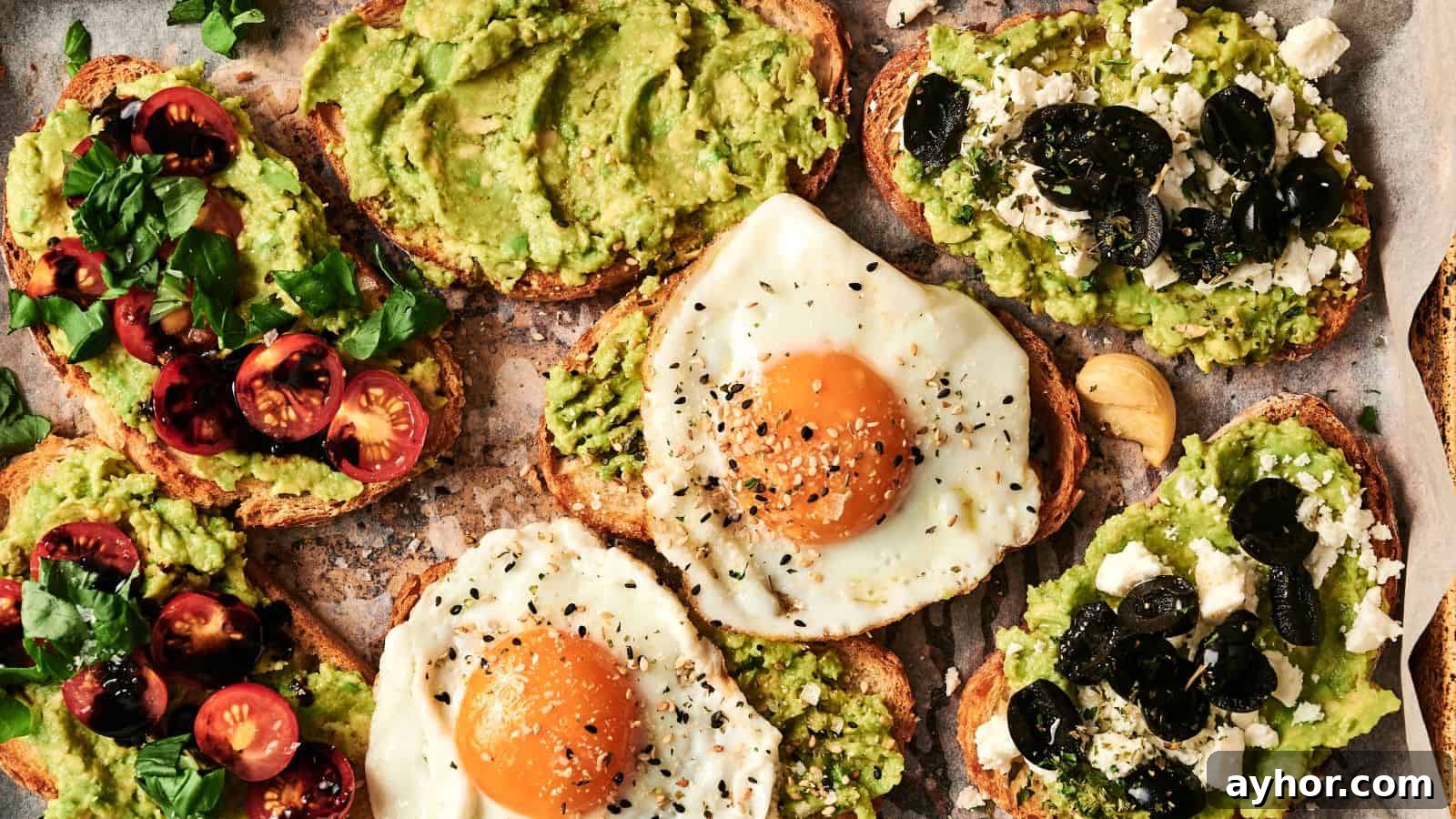 29 Breakfast Recipes to Make Your Mornings Feel Romantic 9 Various avocado toasts with toppings including cherry tomatoes, fried eggs, black olives, and feta cheese on a parchment-lined surface.