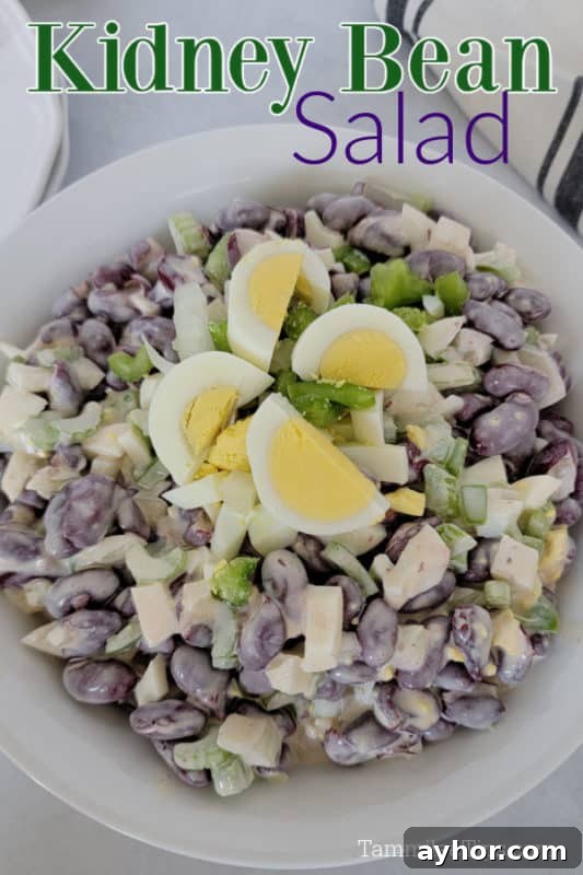Kidney Bean Salad over a white bowl filled with salad and hard boiled egg pieces