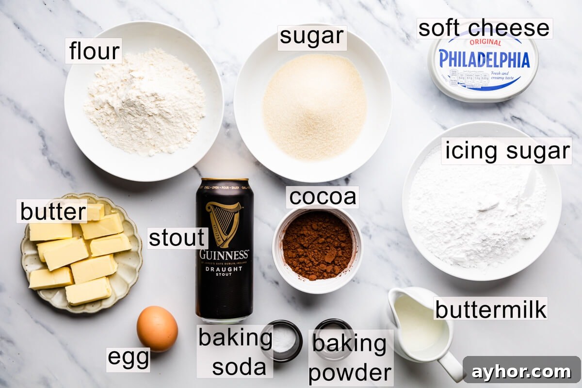 ingredients for guinness cake with text labels.