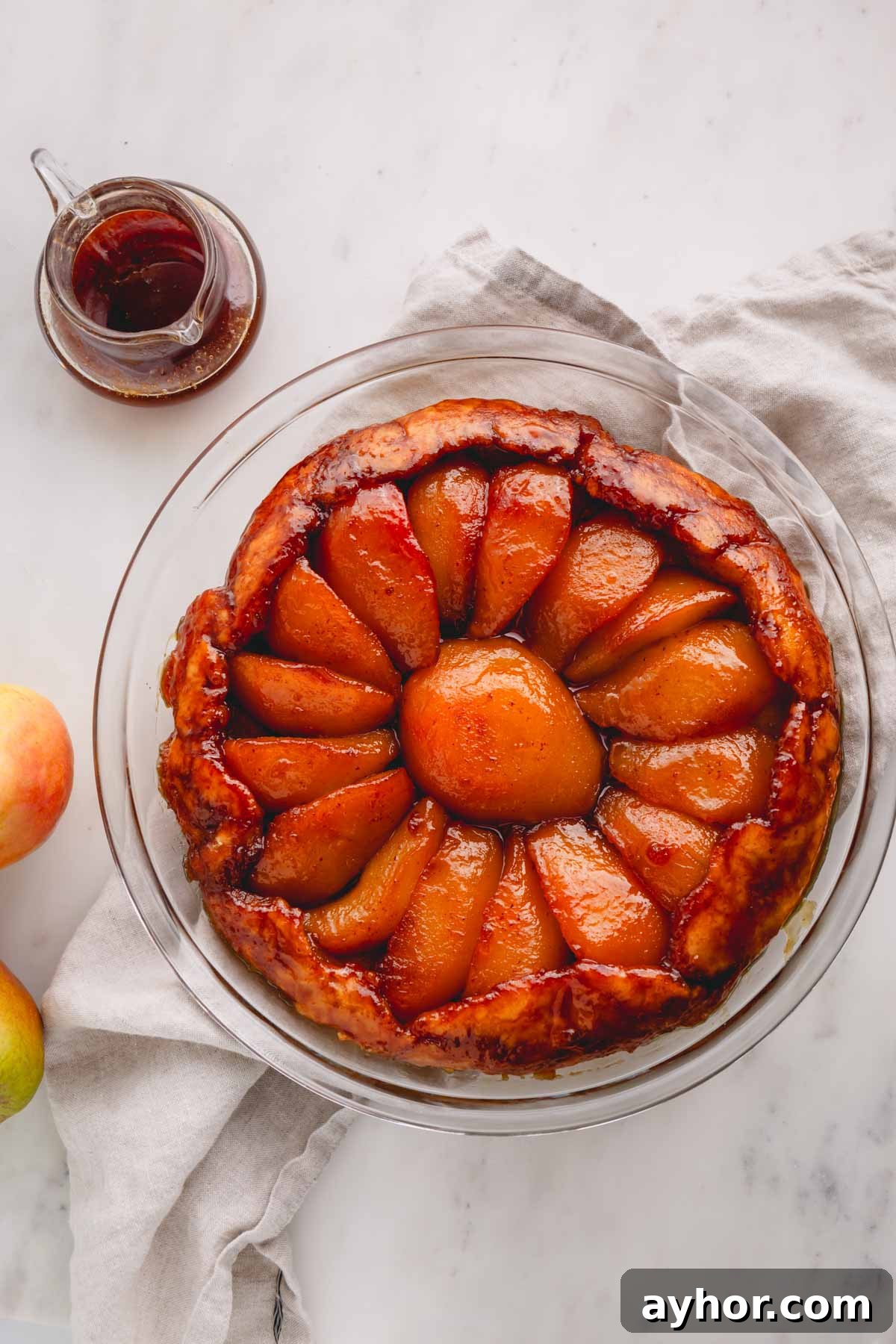 Overhead image of a pear tarte tatin.