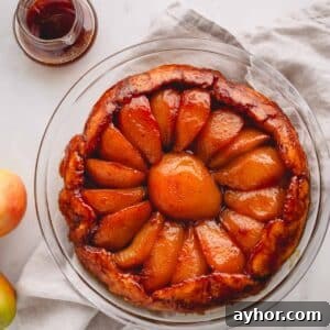 Overhead image of a pear tarte tatin.