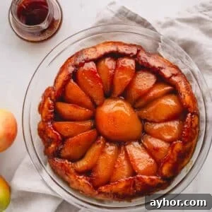 Overhead image of a pear tarte tatin.