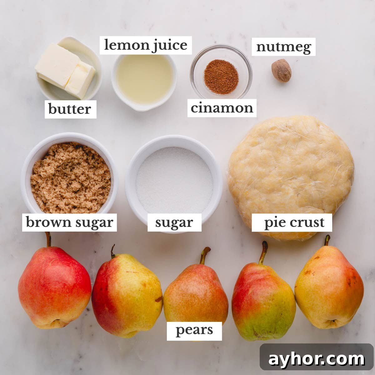 Ingredients to make pear tarte tatin.