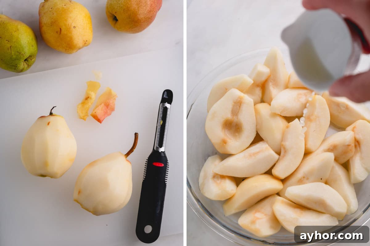 Pears being peeled and them sprinkled with lemon juice.