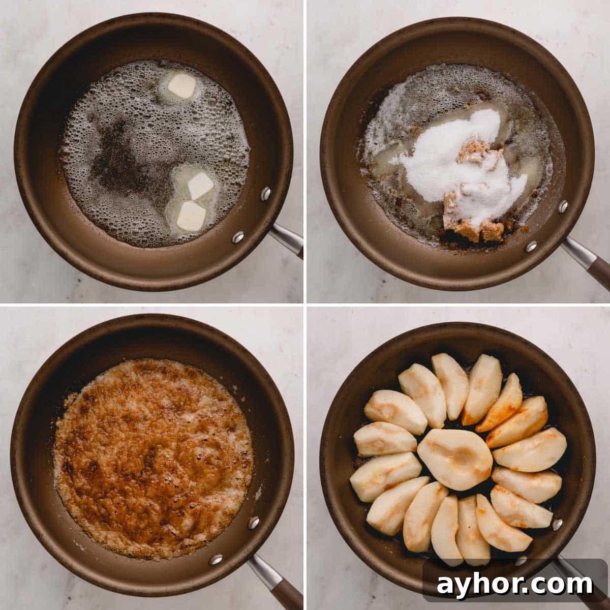 Four images showing the process of caramelizing pears.
