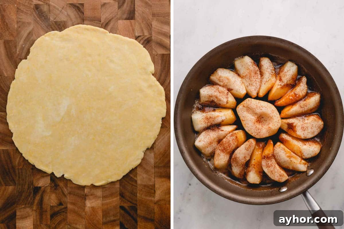 A rolled out pie dough and caramelized pears in a skillet.
