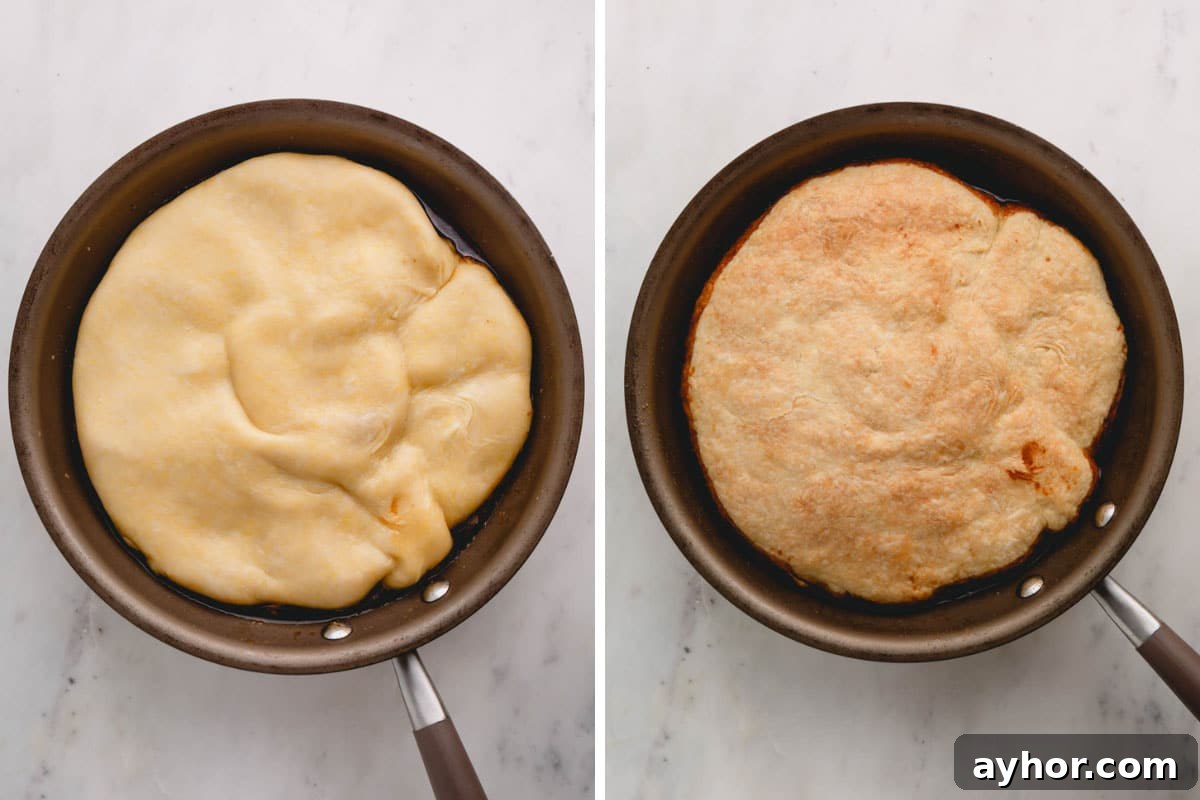 A pie crust over pears in a skillet uncooked on the left and cooked on the right.