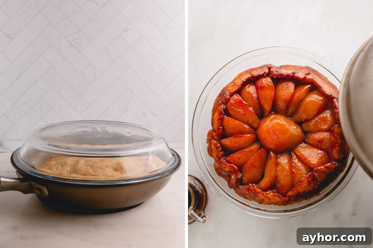 A pear tarte tatin (French pear pie) being inverted from a skillet into a glass baking dish.