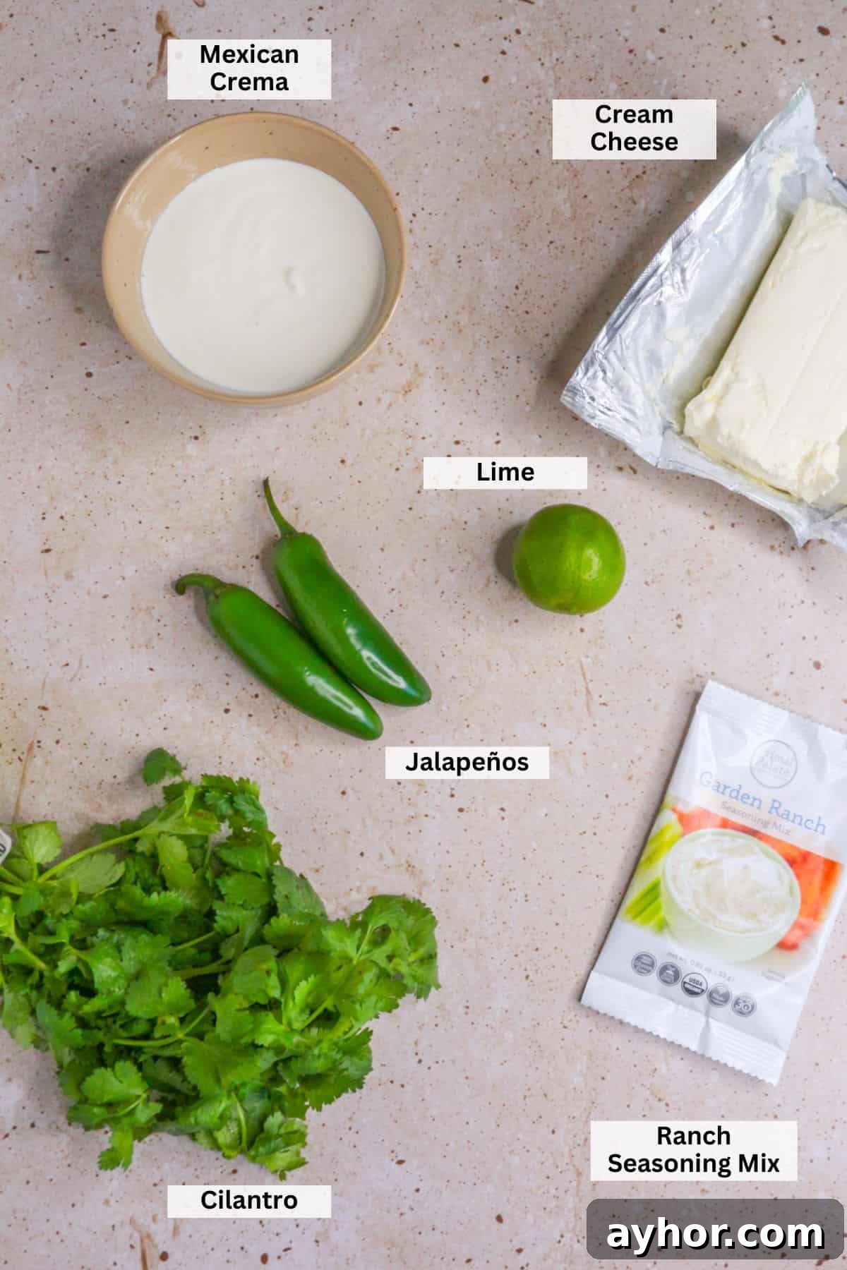 Creamy Jalapeño Ranch Dip Recipe for Parties & Snacks 3 Ingredients for jalapeño ranch dip: Mexican crema, cream cheese, jalapeños, lime, cilantro, ranch seasoning mix