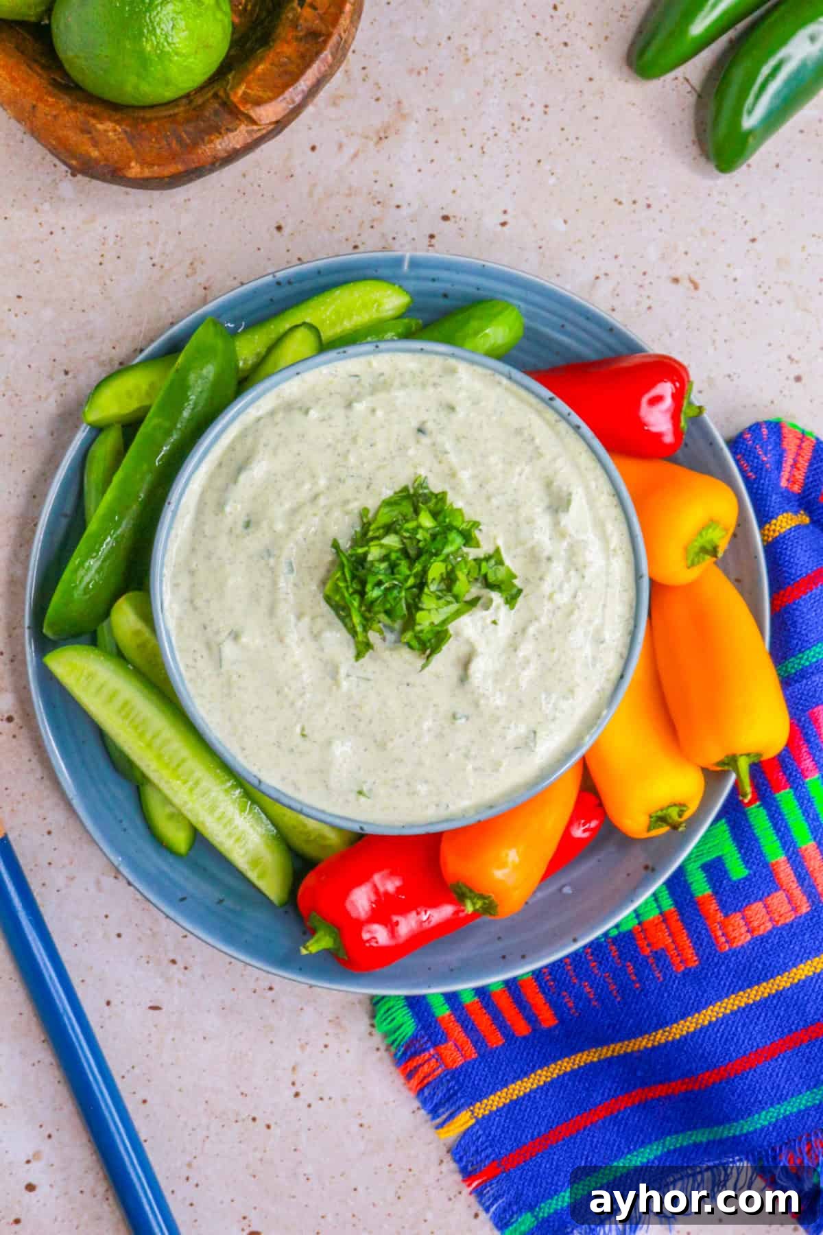 Creamy Jalapeño Ranch Dip Recipe for Parties & Snacks 10 Top view of a bowl of roasted jalapeño ranch dip