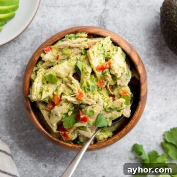 Avocado chicken salad in a bowl with a spoon.