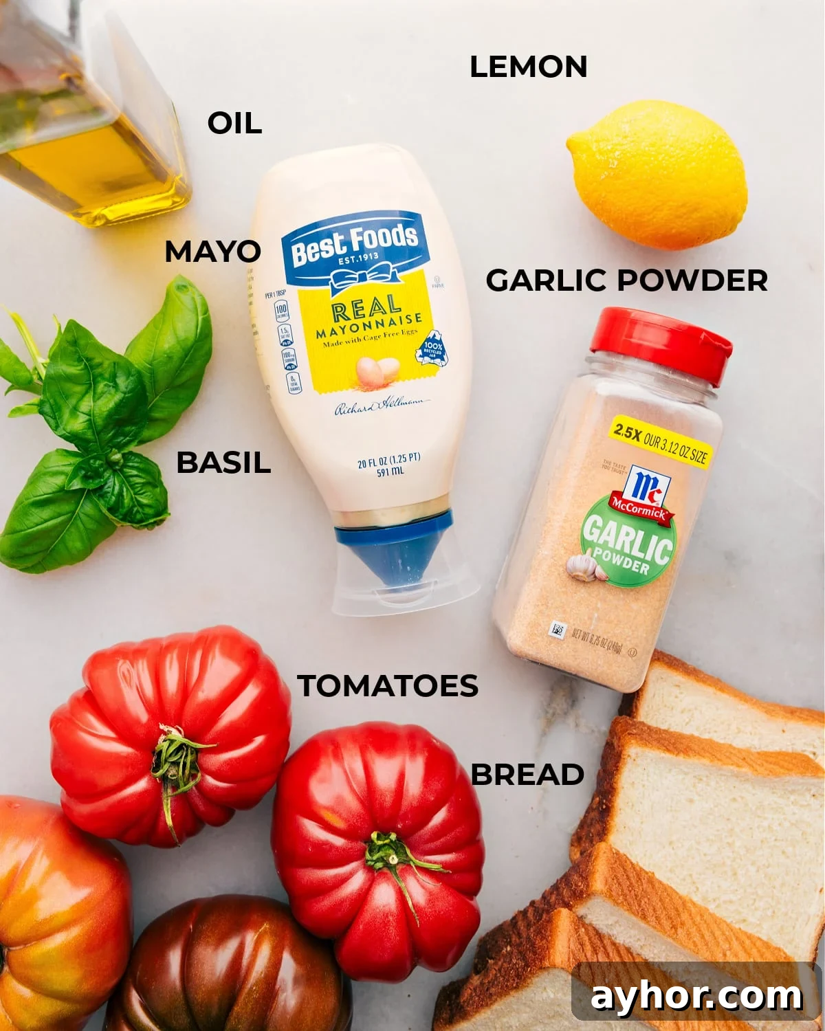 Ingredients In Tomato Sandwiches All the ingredients in this recipe prepped out for easy assembly.