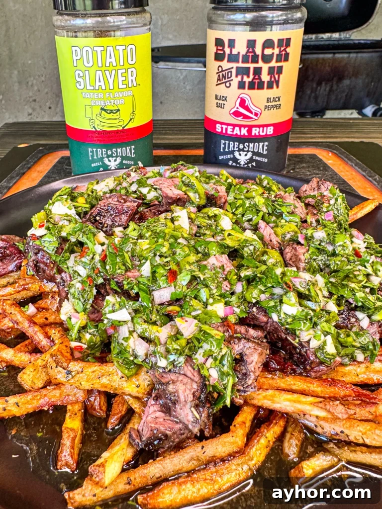 steak fries with chimichurri on a plate