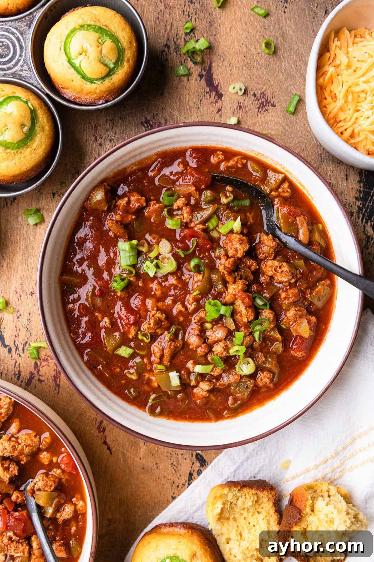 Turkey chili in a bowl.