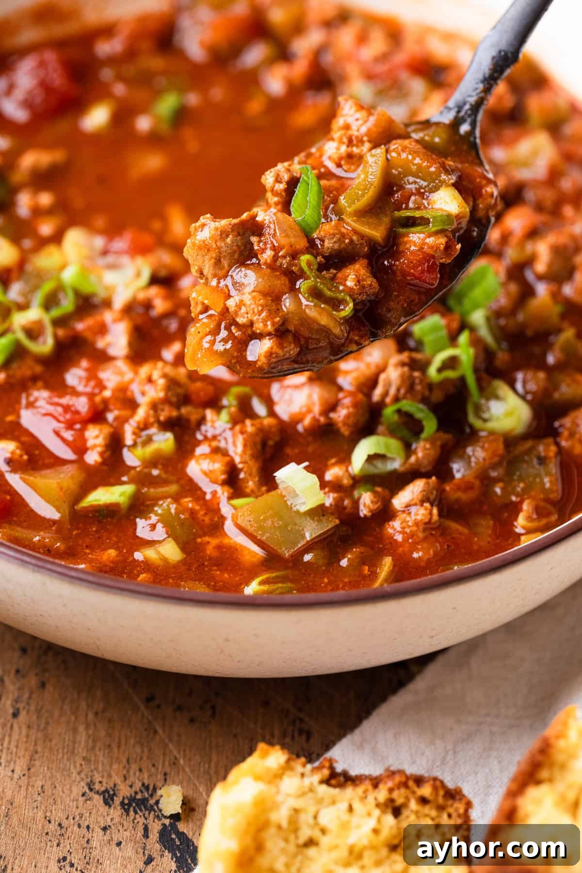 Turkey chili without beans in a bowl.