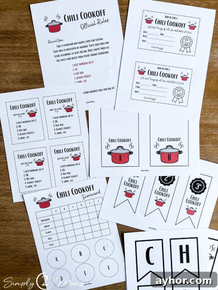 All-Meat Keto Chili Recipe (THM-S Friendly) 10 all the printables laying on wood table for chili cook off before cutting and assembling