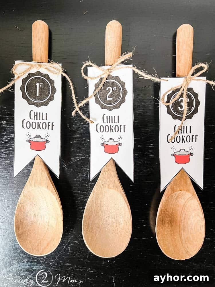 All-Meat Keto Chili Recipe (THM-S Friendly) 11 wood spoons with diy ribbon prizes attached