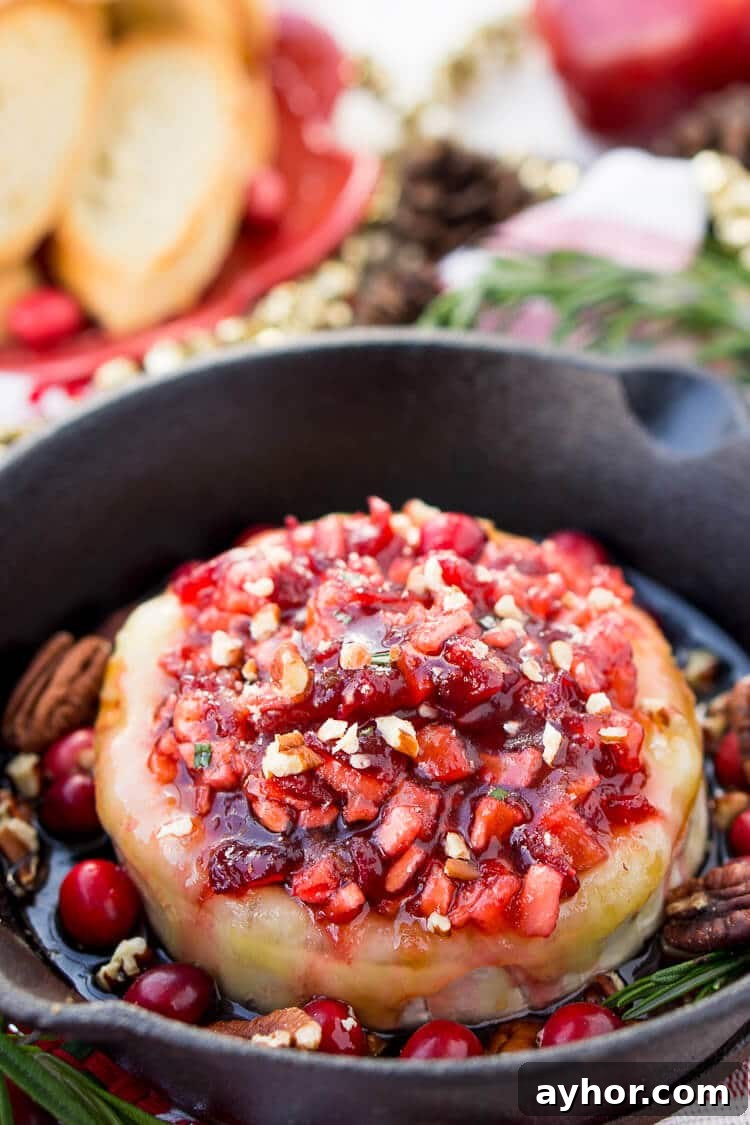 Apple Cranberry Baked Brie is a delicious cheese appetizer loaded with brown sugar, maple syrup, pecans, and an apple cranberry compote.