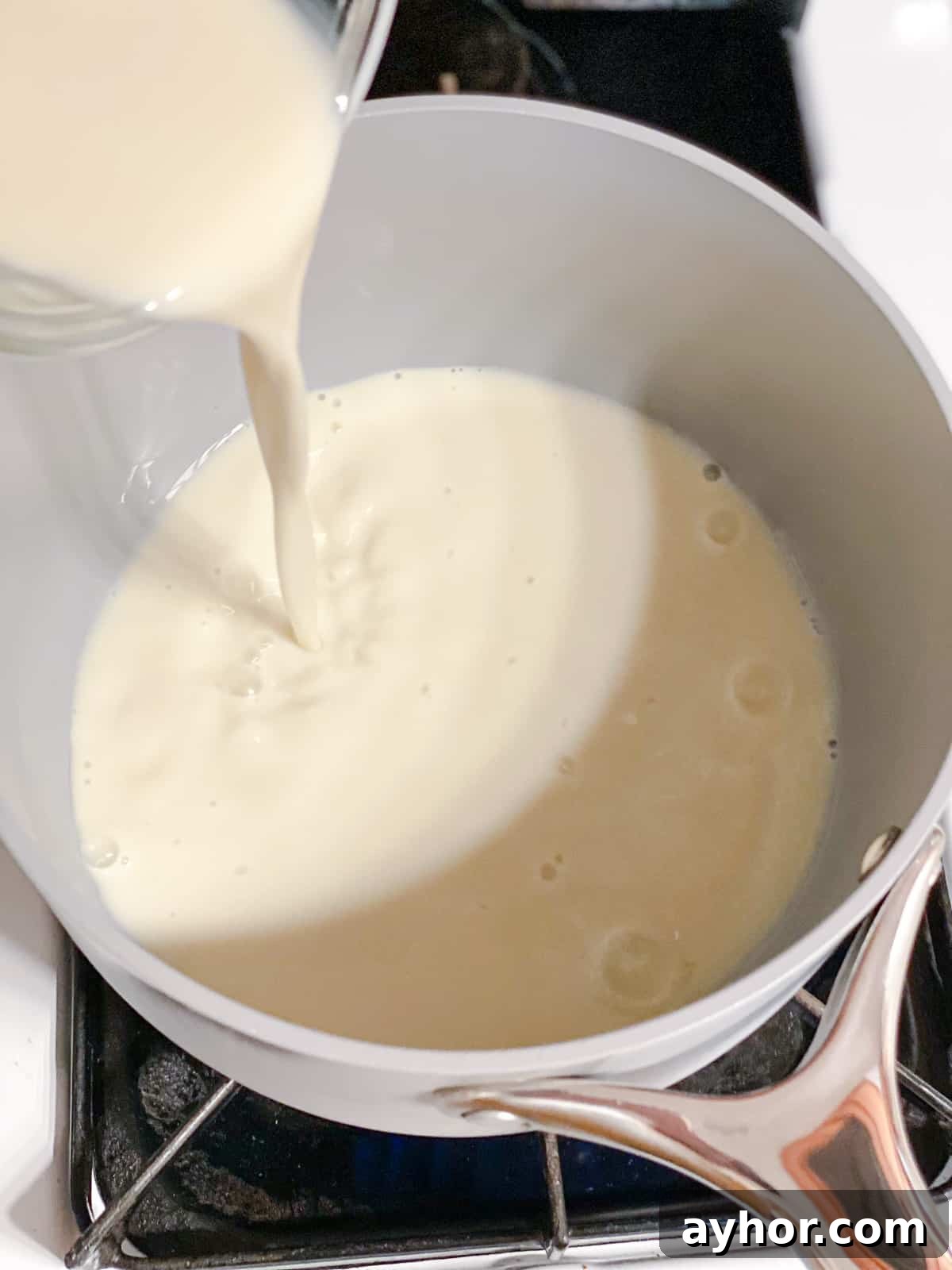 How to Make Turmeric Golden Milk: Creamy Anti-Inflammatory Latte 4 process shot of adding plant-based milk to pot