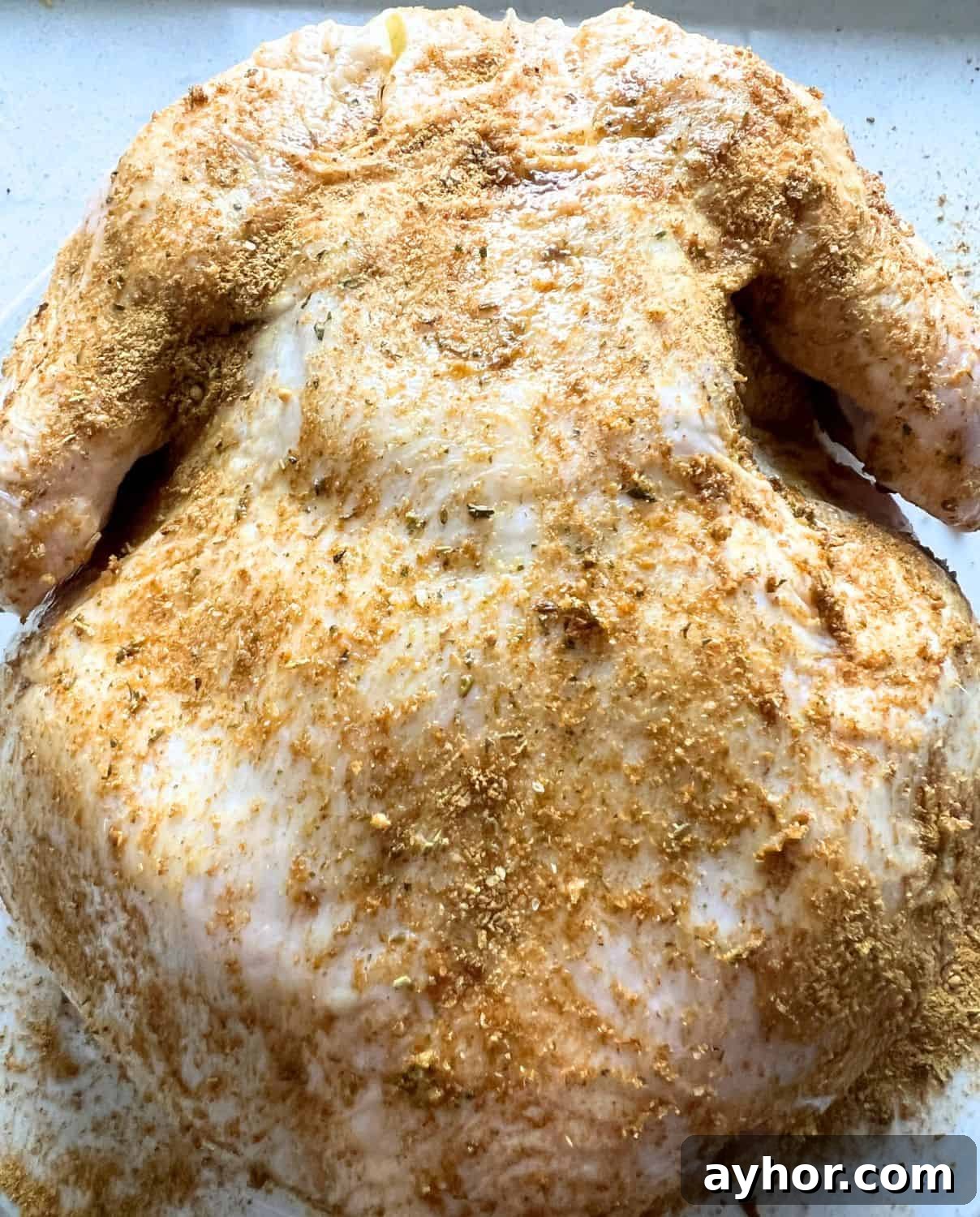 Crispy Whole Chicken in the Air Fryer: Step-by-Step Recipe 5 Seasoned whole chicken ready for air fryer.