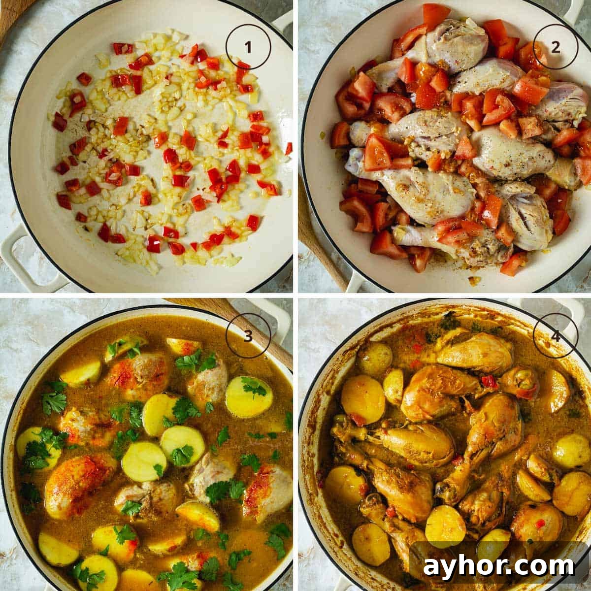 Four-step image for making the chicken potato stew from Colombia.