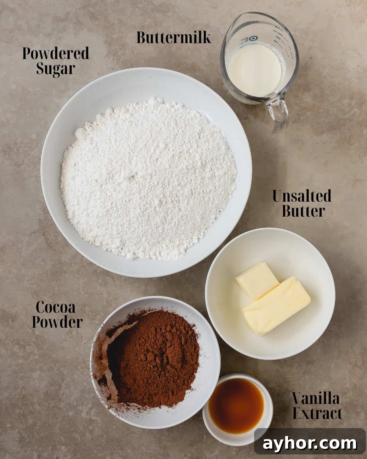 Gather butter, cocoa powder, buttermilk, vanilla extract and powdered sugar