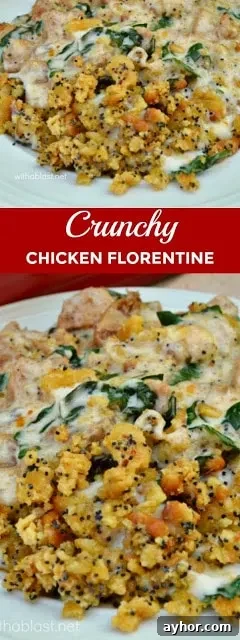 Cheesy Chicken smothered in a creamy Spinach/Mushroom sauce with a delicious, easy crunchy topping - perfect week night dinner Cheesy Chicken smothered in a creamy Spinach/Mushroom sauce with a delicious, easy crunchy topping - perfect week night dinner