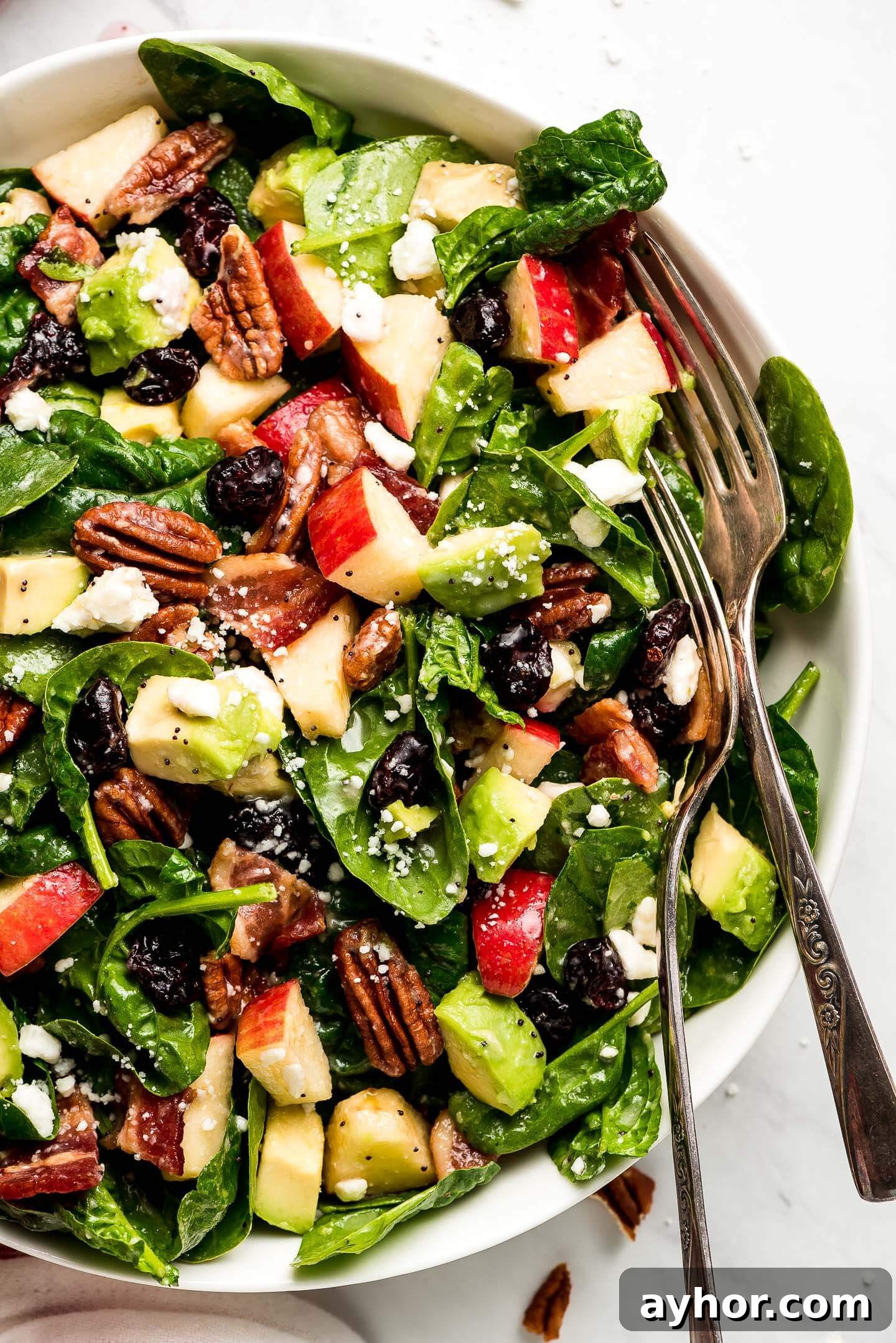 Close-up top view of a spinach salad loaded with toasted pecans, apples, avocado, dried cranberries, bacon, and feta cheese.