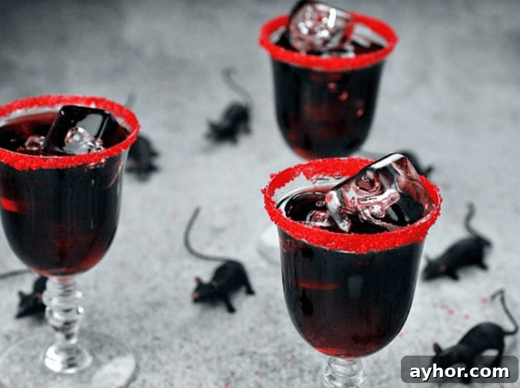 20+ Spooky Halloween Cocktail Recipes for Adults 13 Black cocktails with red sugar rims with ice and halloween decorations.