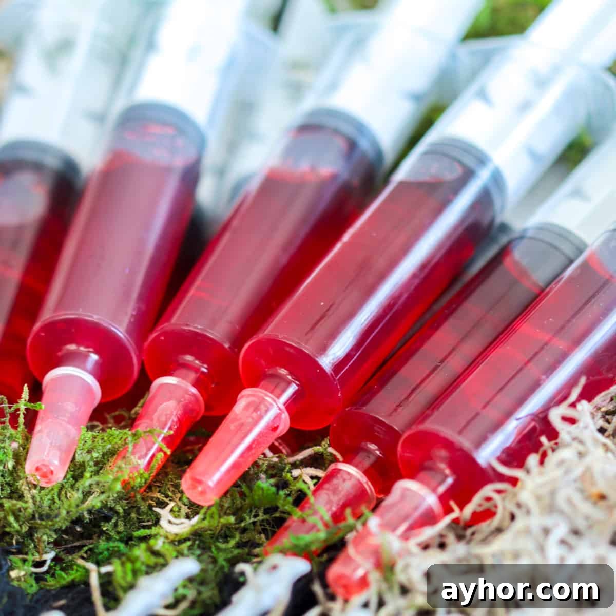 20+ Spooky Halloween Cocktail Recipes for Adults 5 Jello shot syringes on spooky plate.