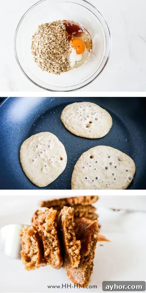 Irresistible Oatmeal Pancakes Recipe You’ll Make Again and Again 4 how to make oatmeal pancakes: Easy and healthy oatmeal pancakes - great way to start your mornings! This easy healthy breakfast recipe is simple and loved by toddlers and grown-ups! All you need is a few simple ingredients and 10 minutes to make these delicious nourishing pancakes - oats, an egg, honey + some vanilla! These pancakes are flourless and sugar-free!