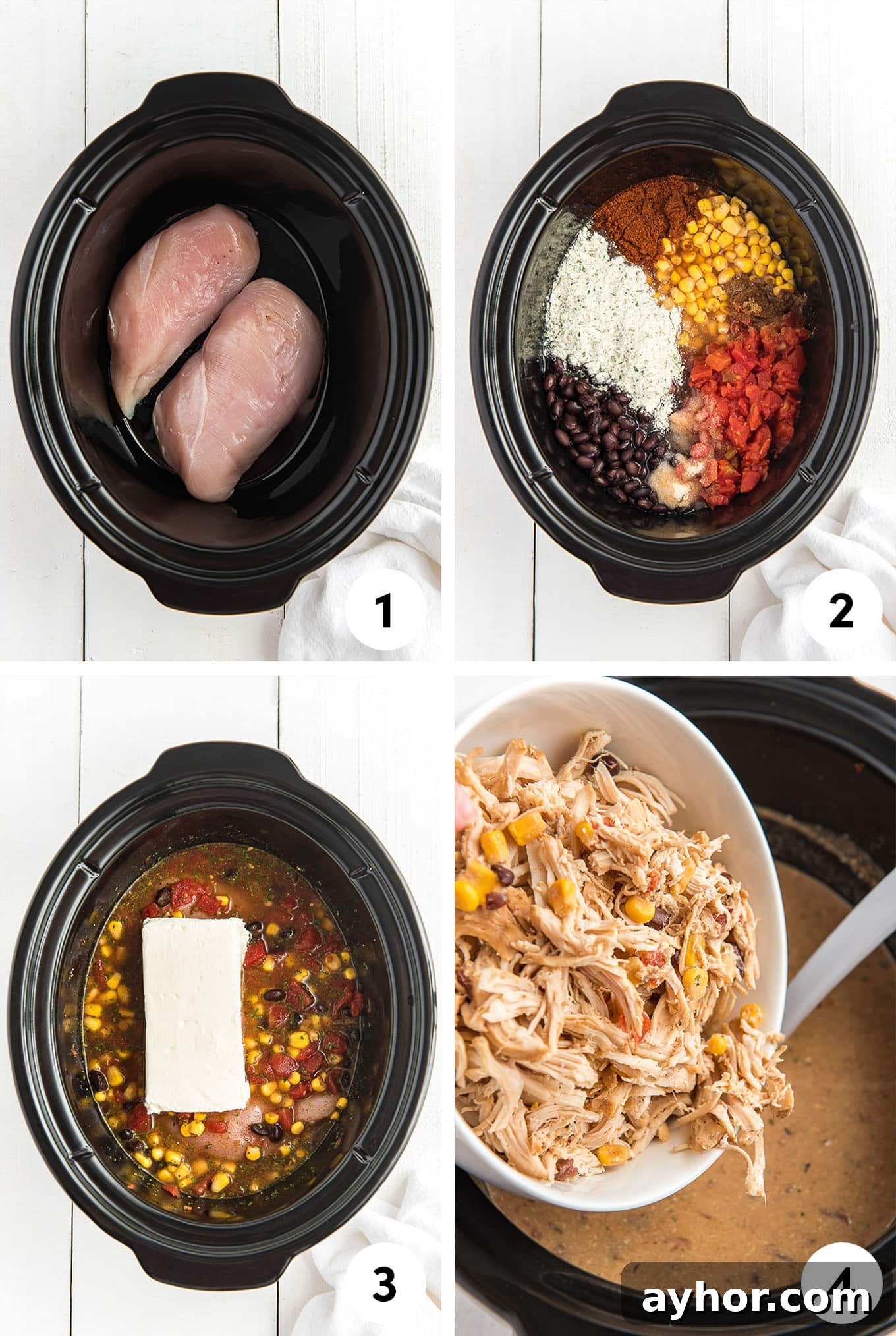 Creamy White Chicken Chili with Homestyle Flavor 4 A collage of the chicken in the crockpot, topped with the other ingredients, the cream cheese block added, and finally adding the shredded chicken to the cooked white chili.