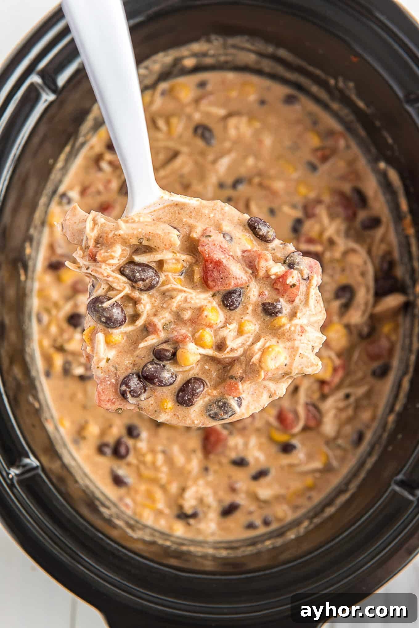Creamy White Chicken Chili with Homestyle Flavor 5 Crockpot white chicken chili in the slow cooker with a ladle lifting up a spoonful.
