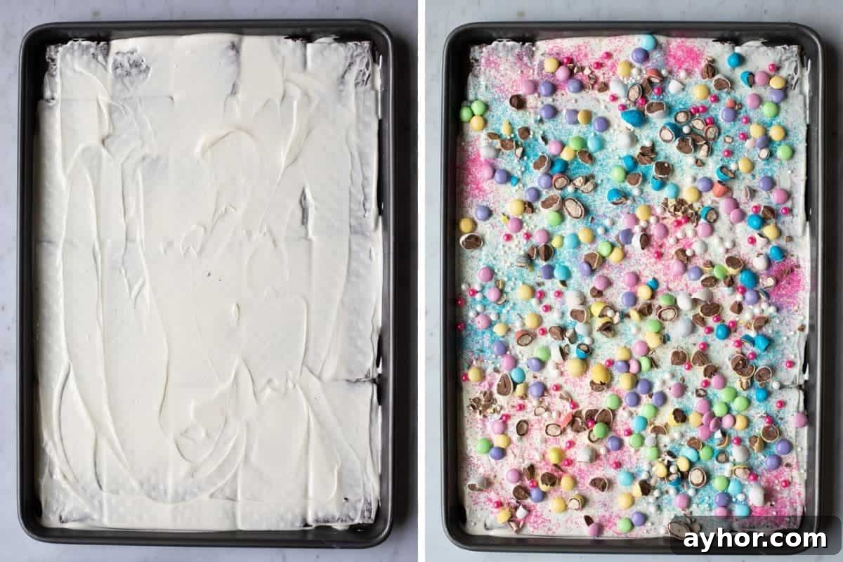 Easter Chocolate Bark Recipe: Spring Candy with Colorful Eggs 8 collage shot of melted white chocolate spread over graham crackers and topped with candy and sprinkes