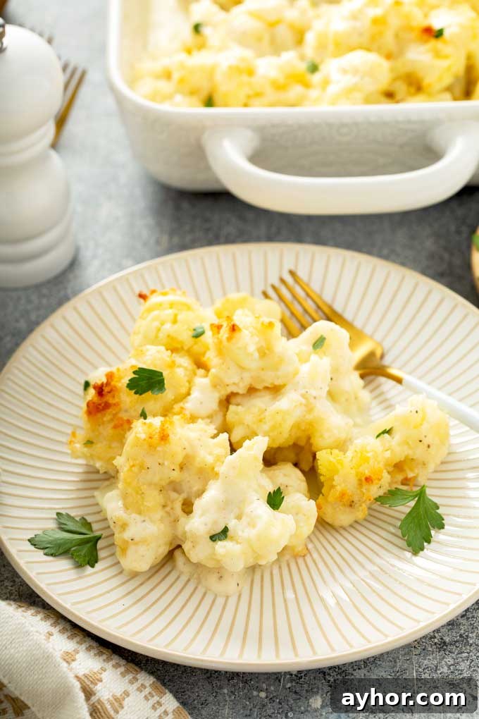 Creamy Cauliflower Gratin with Golden Cheese Crust 3 A serving of cheesy baked cauliflower au gratin on an ivory plate.