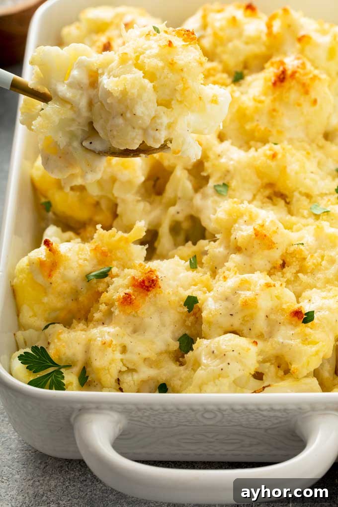 Creamy Cauliflower Gratin with Golden Cheese Crust 4 Cheesy Cauliflower getting scooped from a casserole.