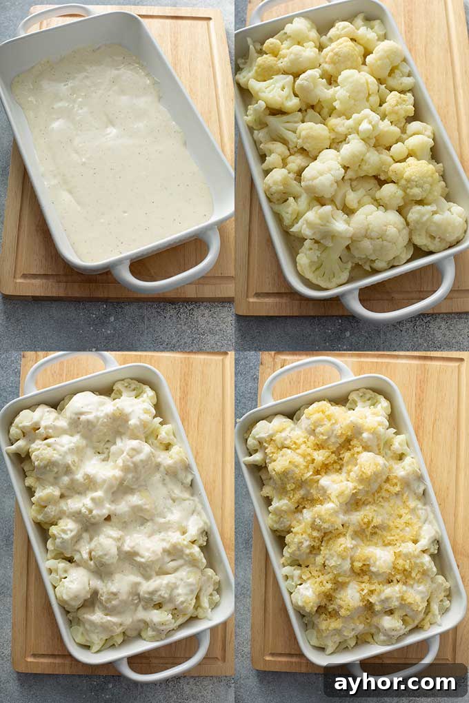 Creamy Cauliflower Gratin with Golden Cheese Crust 8 Collage of images on assembling the cauliflower casserole