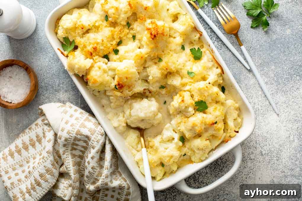 Creamy Cauliflower Gratin with Golden Cheese Crust 9 Top view of a creamy cheesy cauliflower casserole.